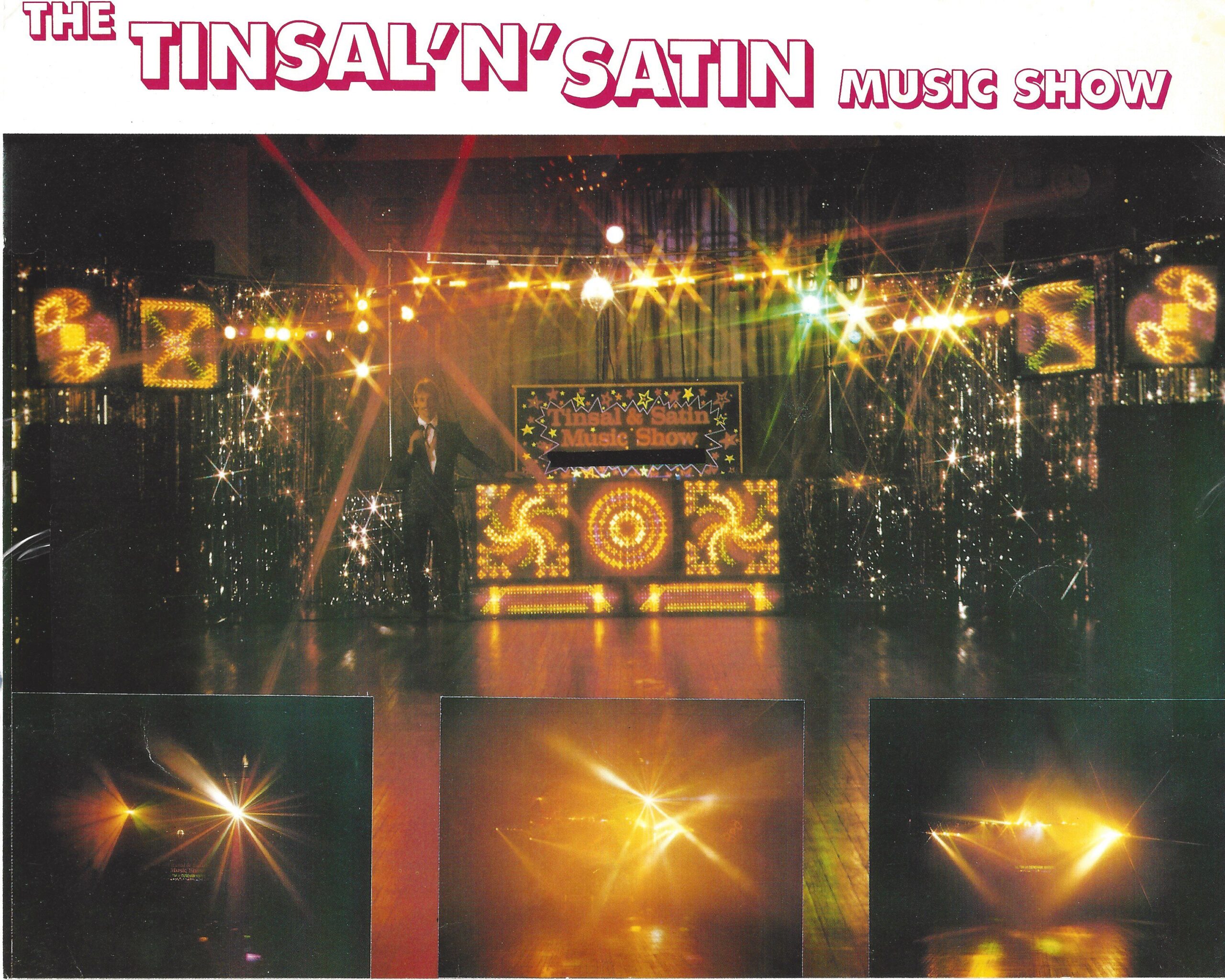 Tim Daymond’s 1980s mobile disco roadshow with a tinsel backdrop and starburst lights over a wooden dance floor