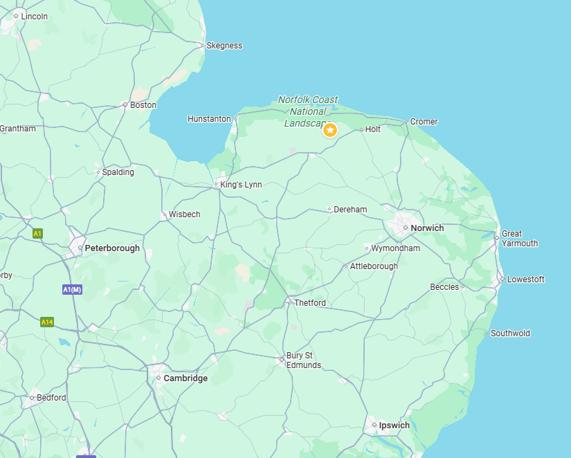 Map of East Anglia showing Norfolk, Suffolk, Cambridgeshire and Lincolnshire, the four counties Tim covers