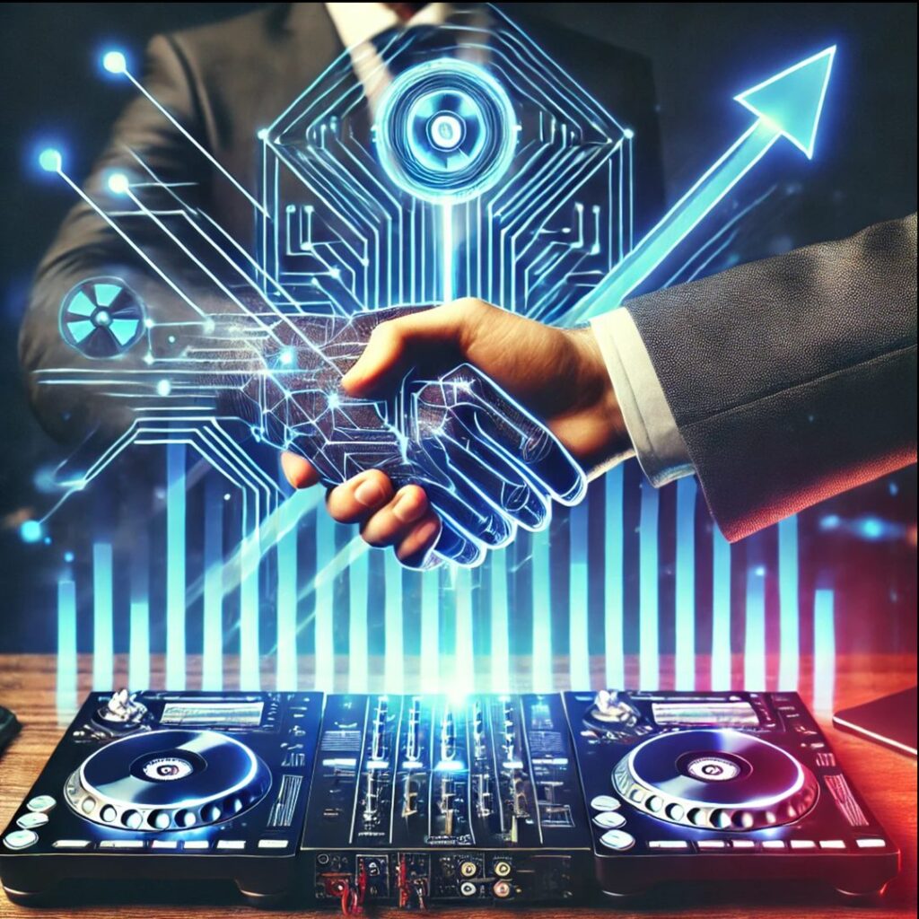 Two business partners shaking hands over an entertainment affiliate agreement