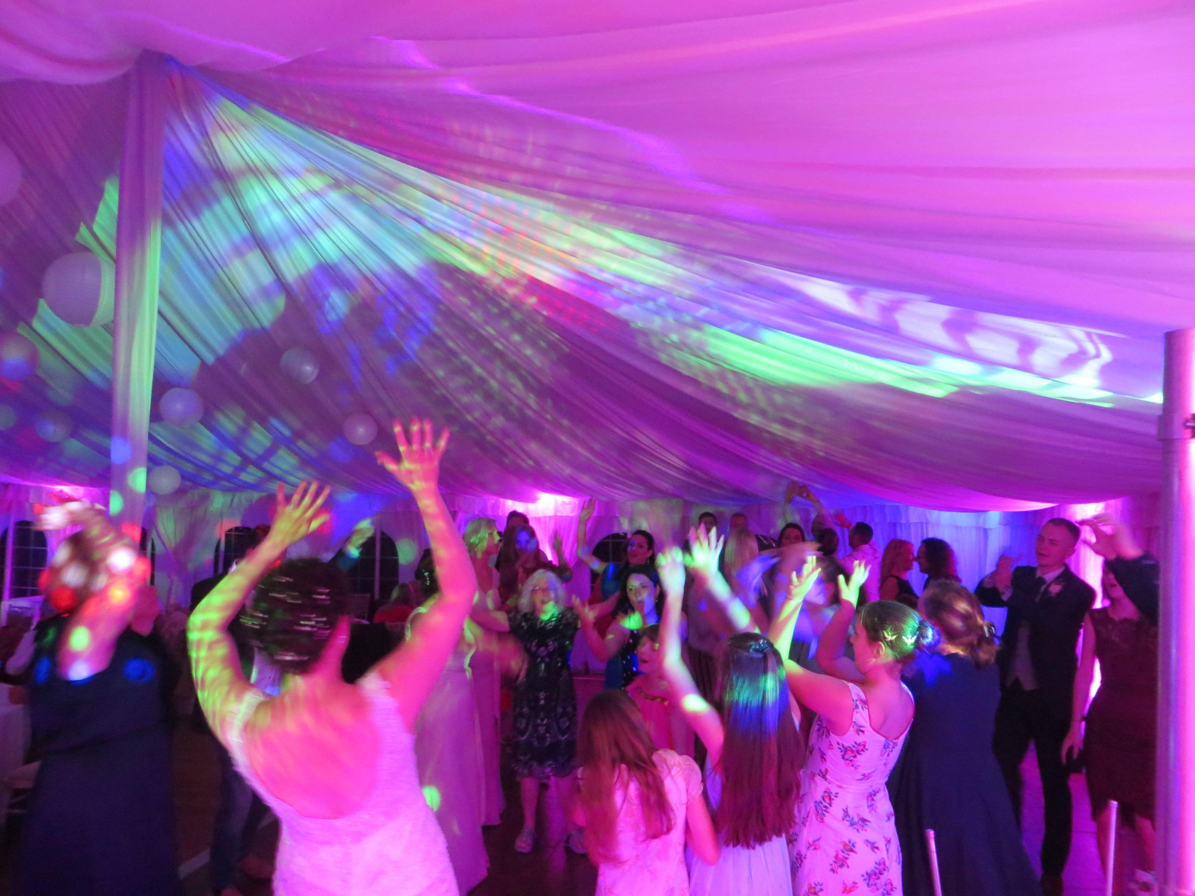 Tim&rsquo;s mobile disco set up with lighting at Dunston Hall near Norwich