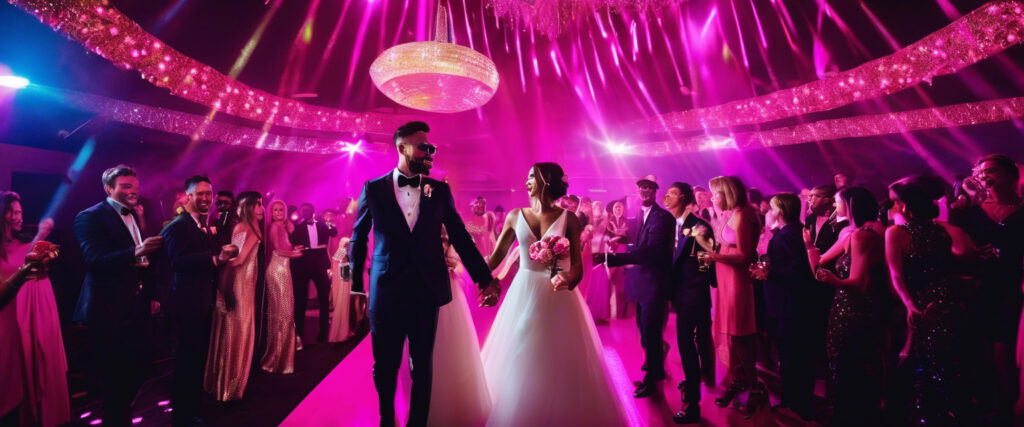 Bride and groom on a dance floor under pink party lighting at a Norfolk wedding