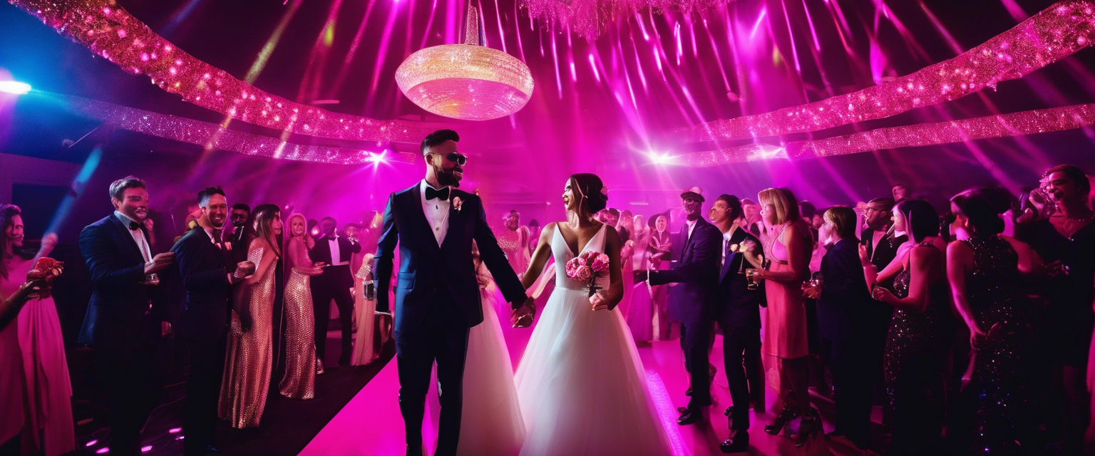 Bride and groom on a dance floor under pink party lighting at a Norfolk wedding