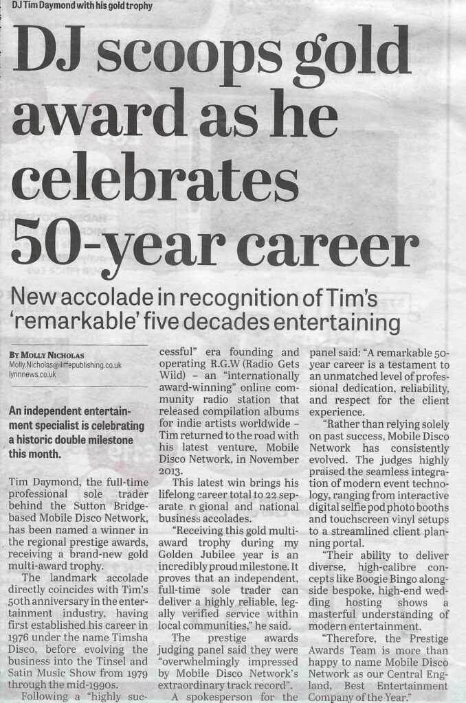 Lynn News & Advertiser clipping about Tim Daymond winning a Prestige Award in his 50th year