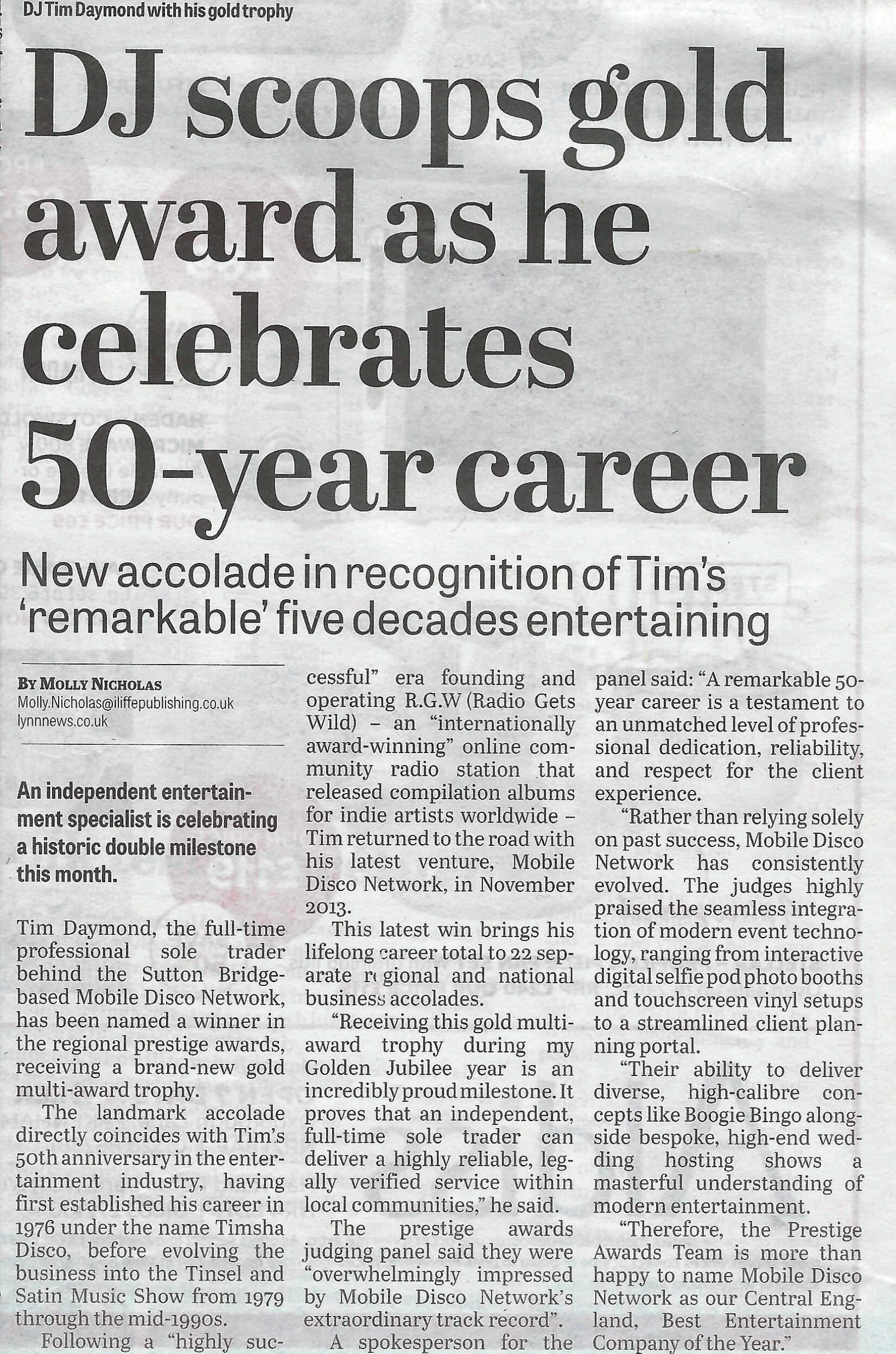 Lynn News & Advertiser clipping about Tim Daymond winning a Prestige Award in his 50th year