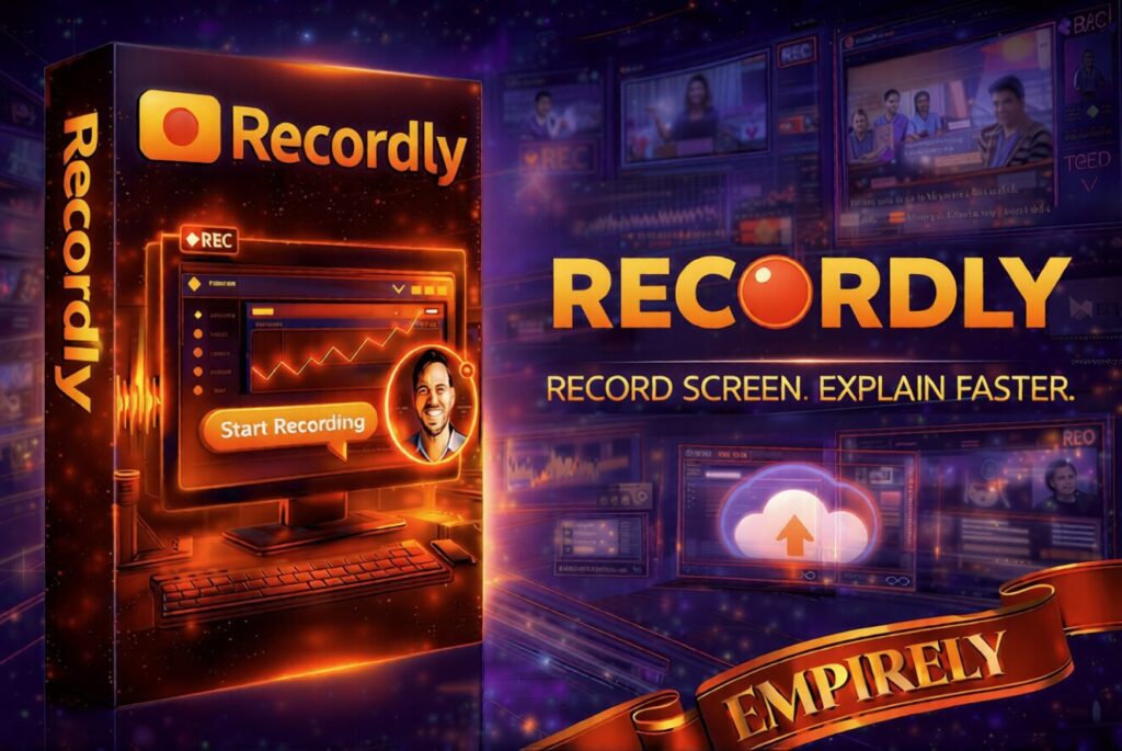 Recordly screen recorder toolbar and transcription button in the Empirely dashboard