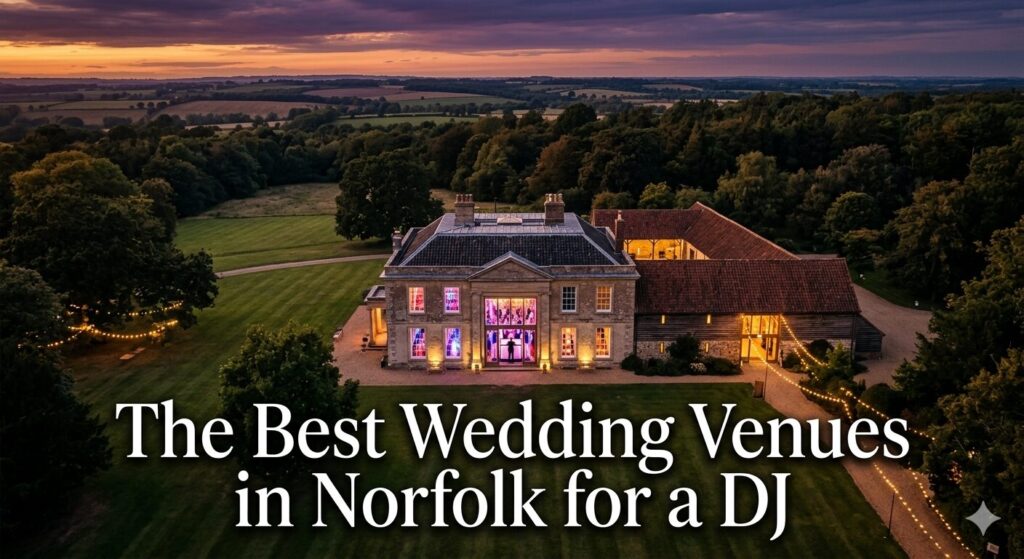 DJ performing at a Norfolk wedding reception with LED lighting and a busy dance floor