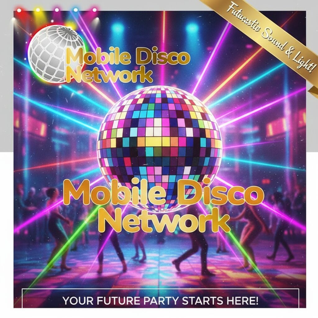 Sparkling disco ball above a busy 70s-style dance floor with neon lights