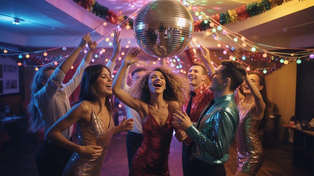 Party guests in sequinned 80s outfits dancing under a large disco ball and colourful tinsel