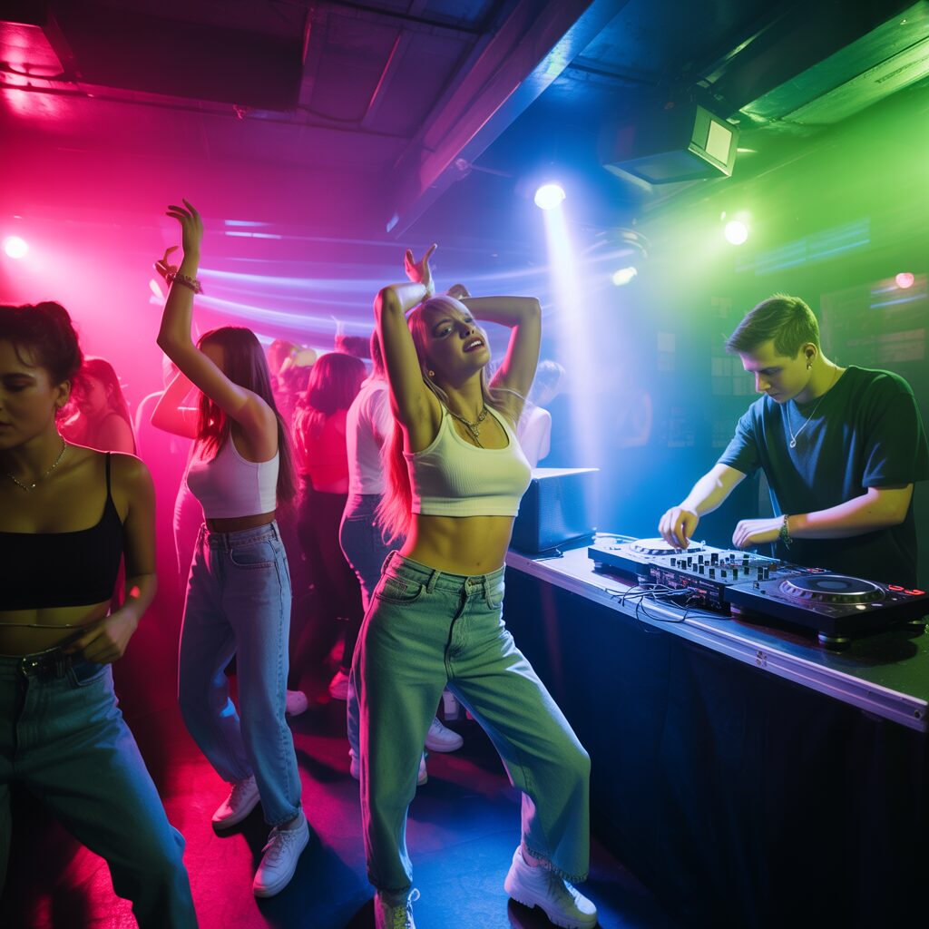 DJ playing to a dancing crowd under bright laser lights at a 90s club night