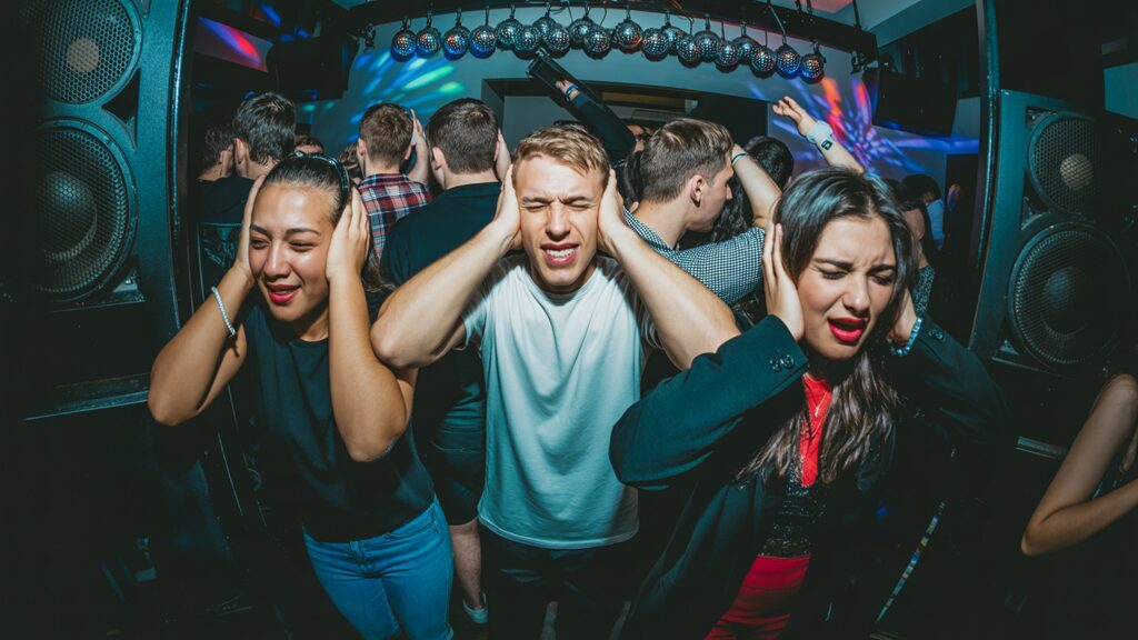 Party guests covering their ears because the music is far too loud
