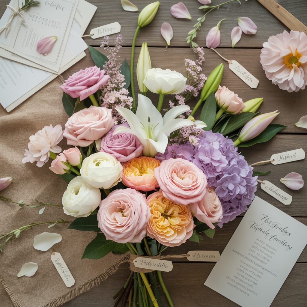 Wedding bouquet of soft pink peonies, roses and eucalyptus