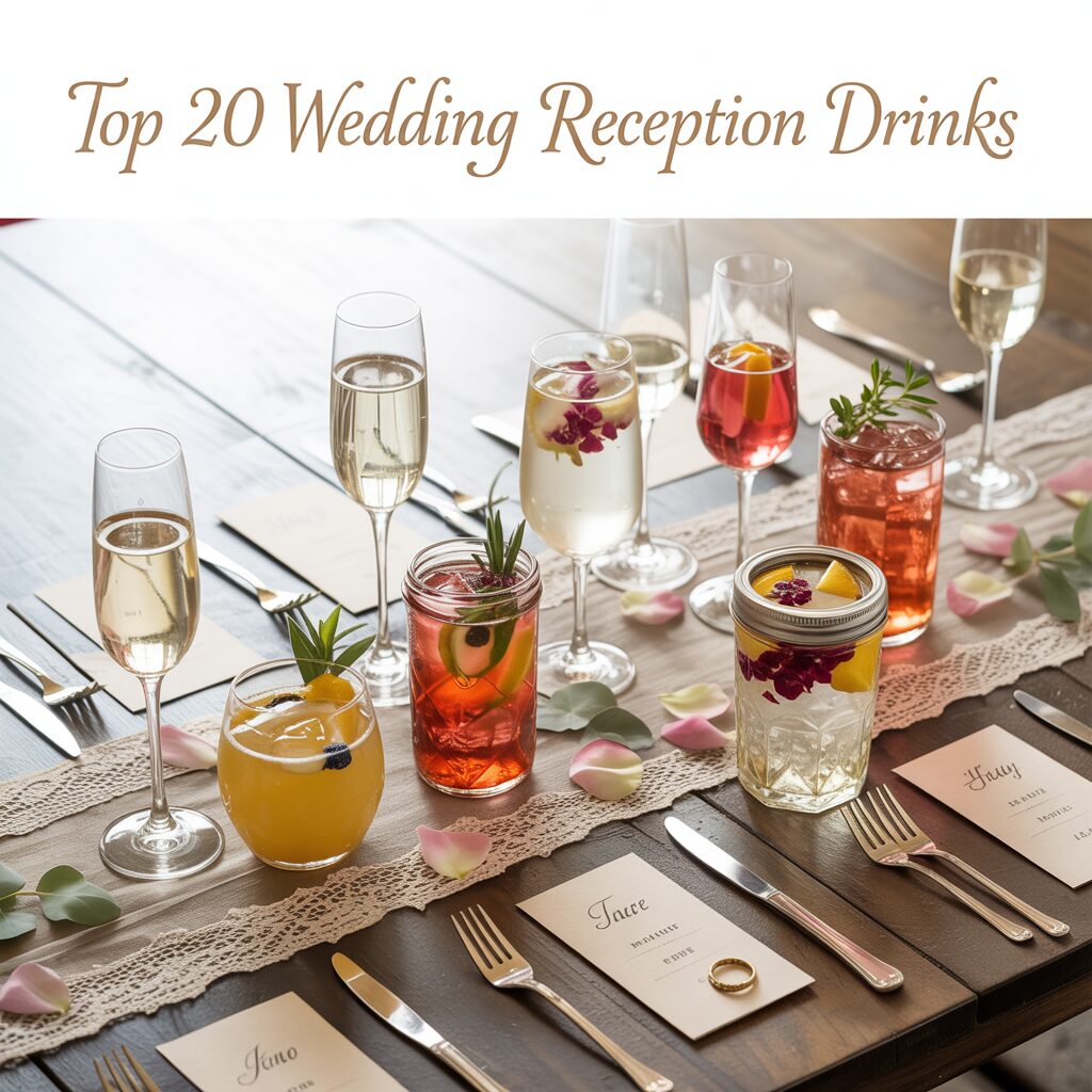 Glasses of sparkling wine and colourful cocktails lined up on a wedding drinks table