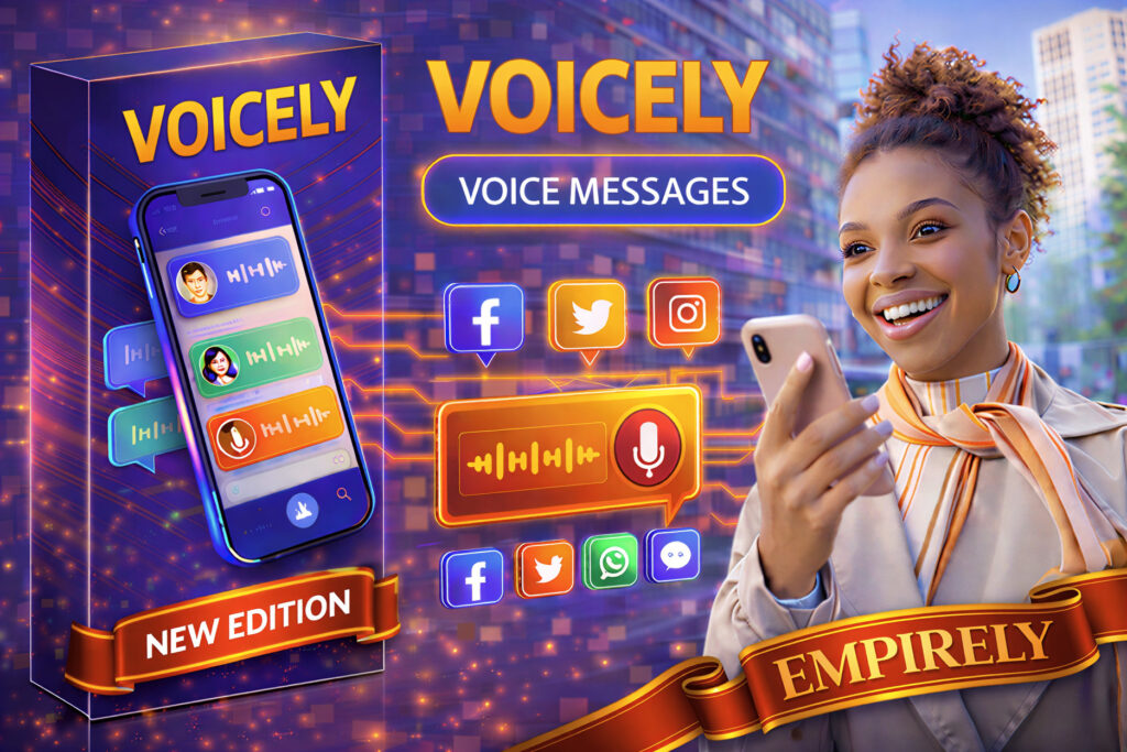 Voicely app on a smartphone with social media icons and voice waveforms