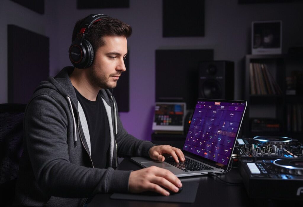 Laptop showing an AI business dashboard beside DJ equipment