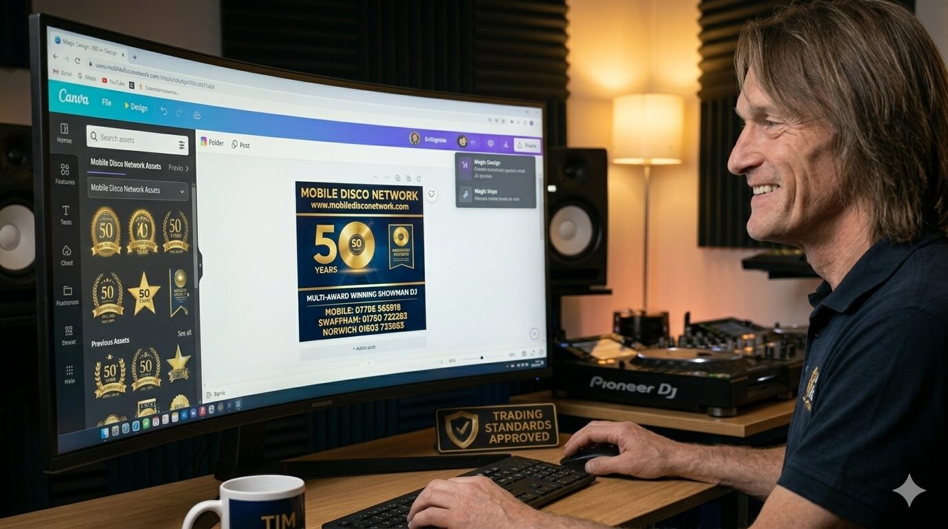 Designing a DJ social media graphic in Canva on a laptop