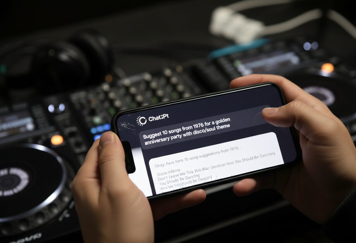 ChatGPT on a laptop screen being used to brainstorm a DJ playlist
