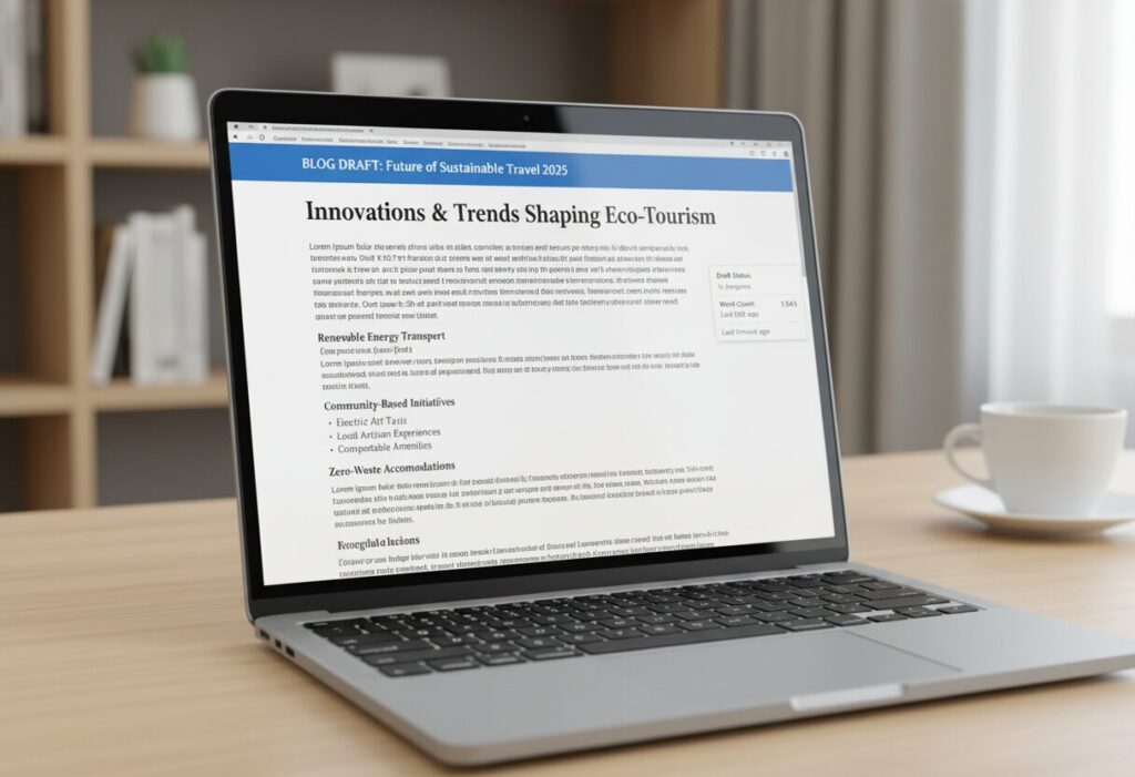 Laptop showing a long blog draft written with Claude AI