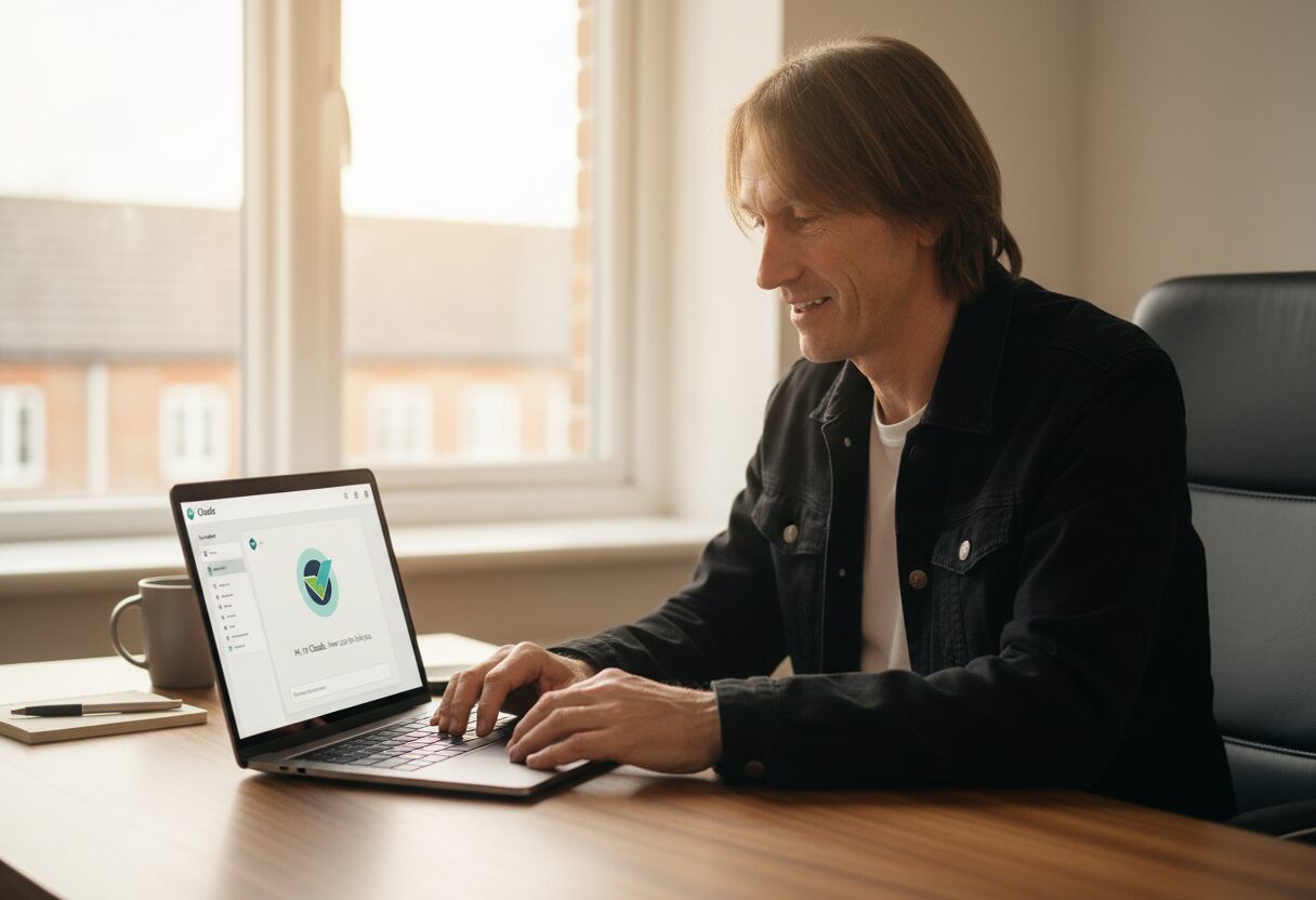 DJ Tim working on a laptop with Claude AI open