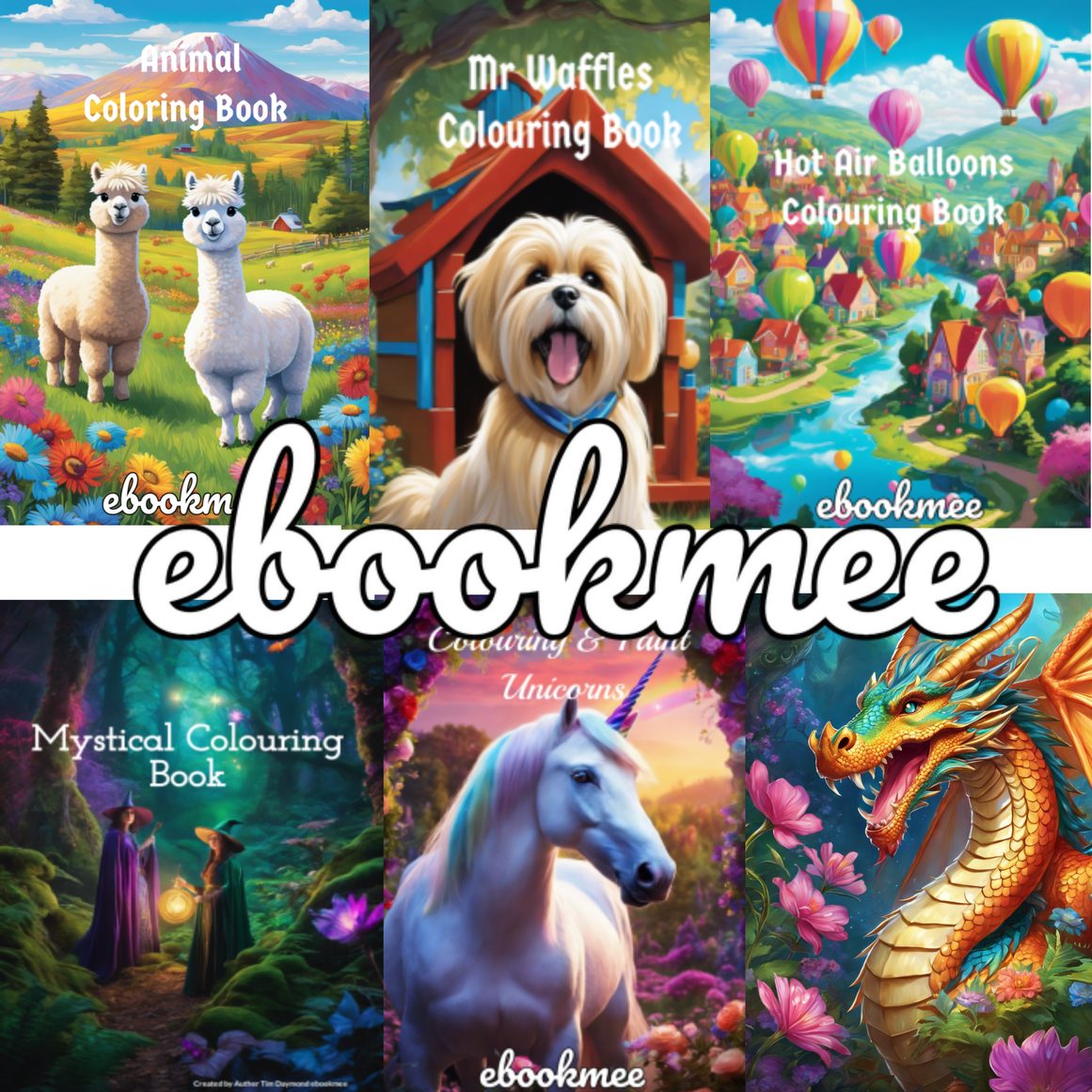Six colouring book covers showing alpacas, a dog, hot air balloons, a magical forest, a unicorn and a dragon