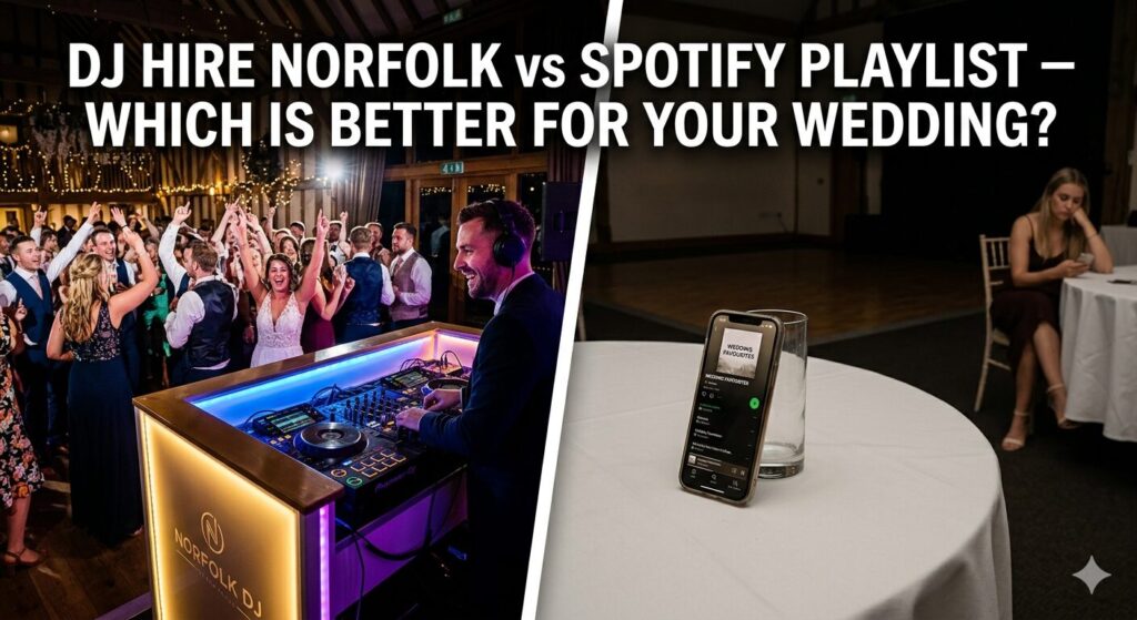 A busy dance floor with a live DJ compared with a single smartphone playing a playlist