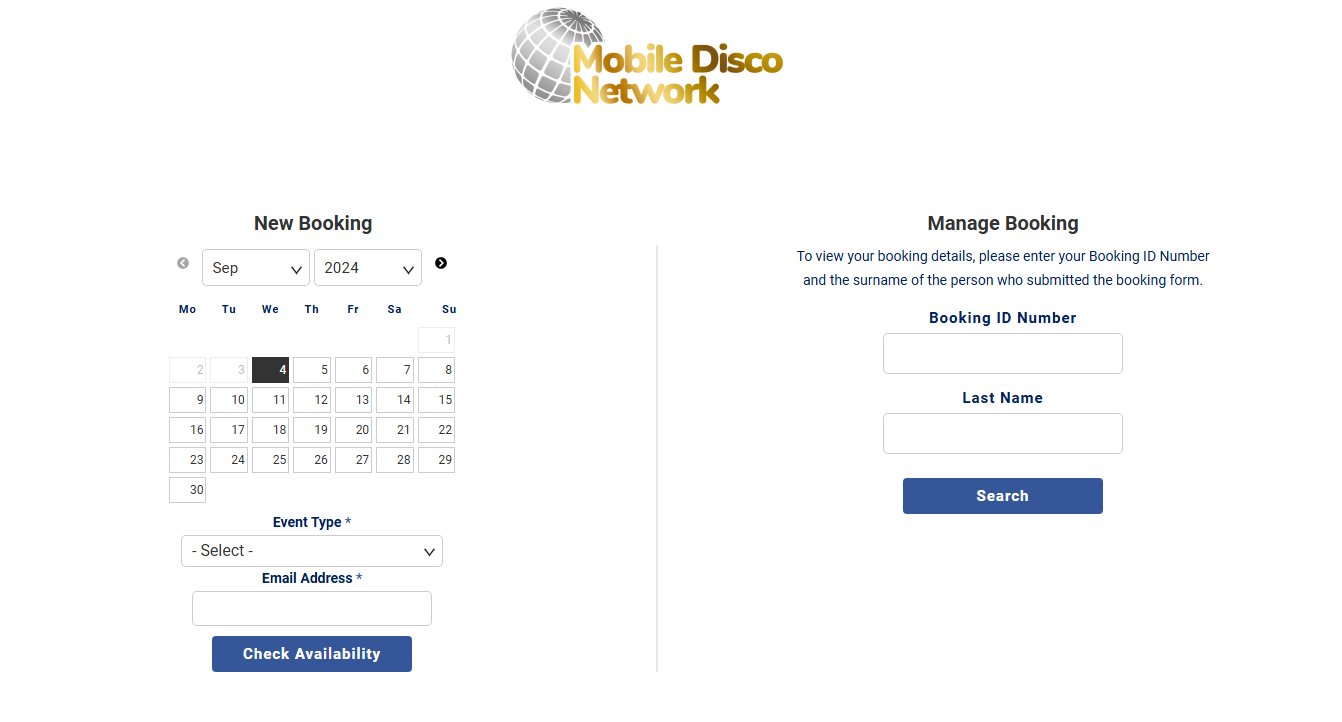 Manage booking login screen in the Mobile Disco Network client portal