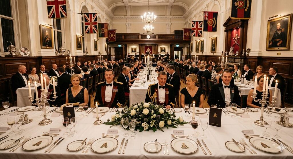 Formal dining room laid for a military mess dinner, with DJ Tim set up discreetly