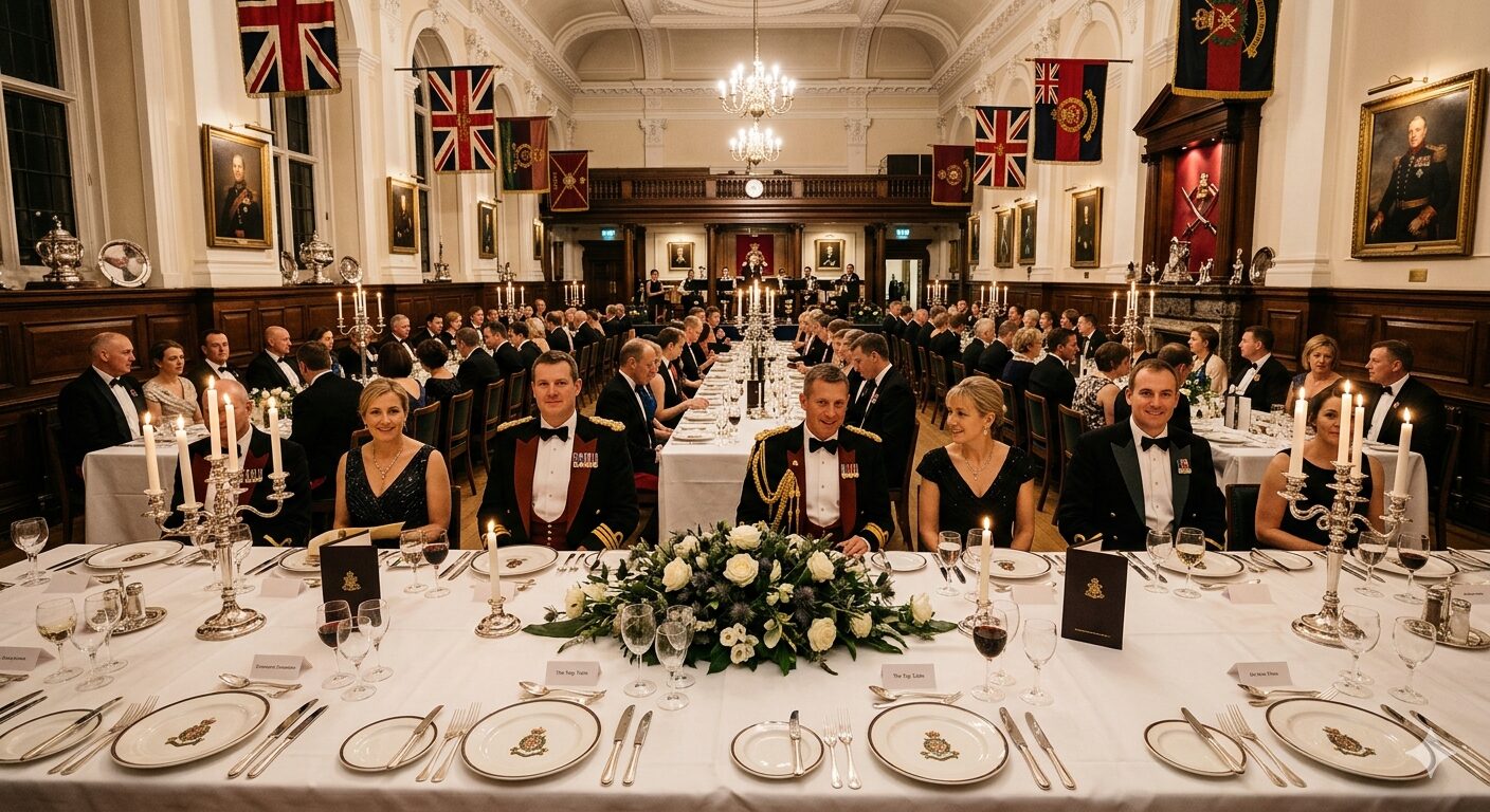 Formal dining room laid for a military mess dinner, with DJ Tim set up discreetly