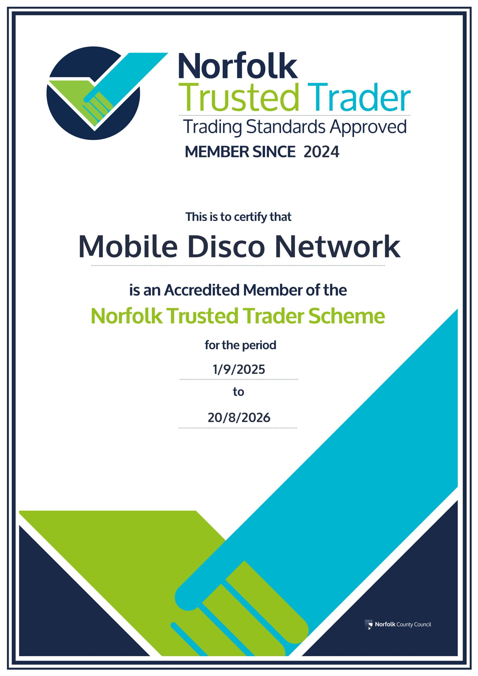 Norfolk Trusted Trader certificate for Mobile Disco Network after Trading Standards vetting