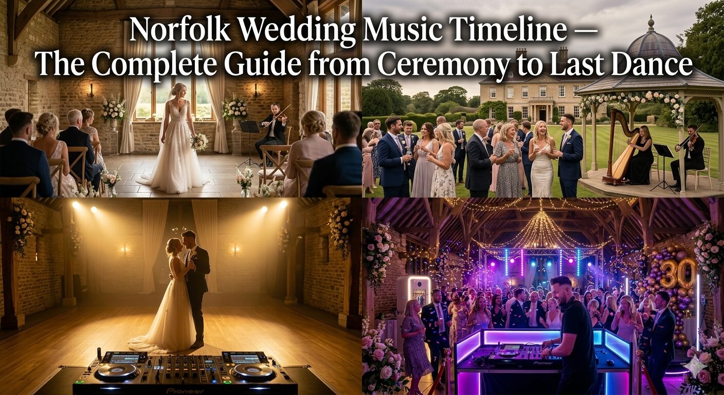 Wedding guests celebrating on a lit dance floor while a DJ plays at a Norfolk reception