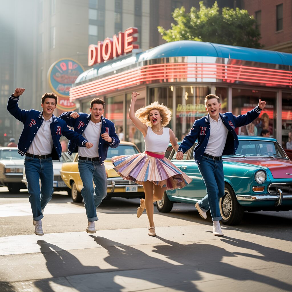 Guests dancing beside a vintage jukebox at a 1950s diner-style party