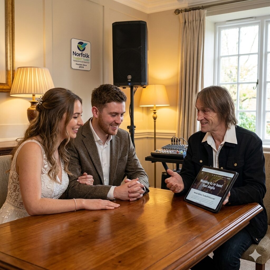 Tim Daymond talking through wedding plans with a couple at a consultation