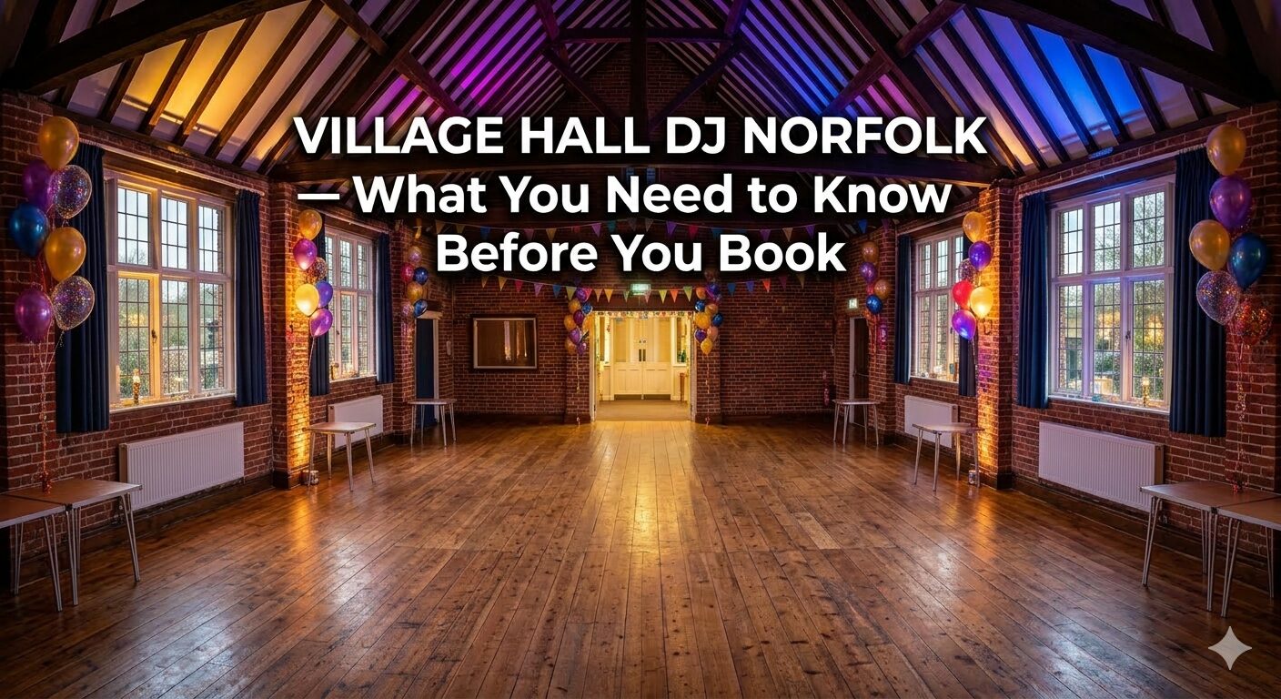 Guests dancing at a birthday party in a Norfolk village hall with colourful LED disco lighting