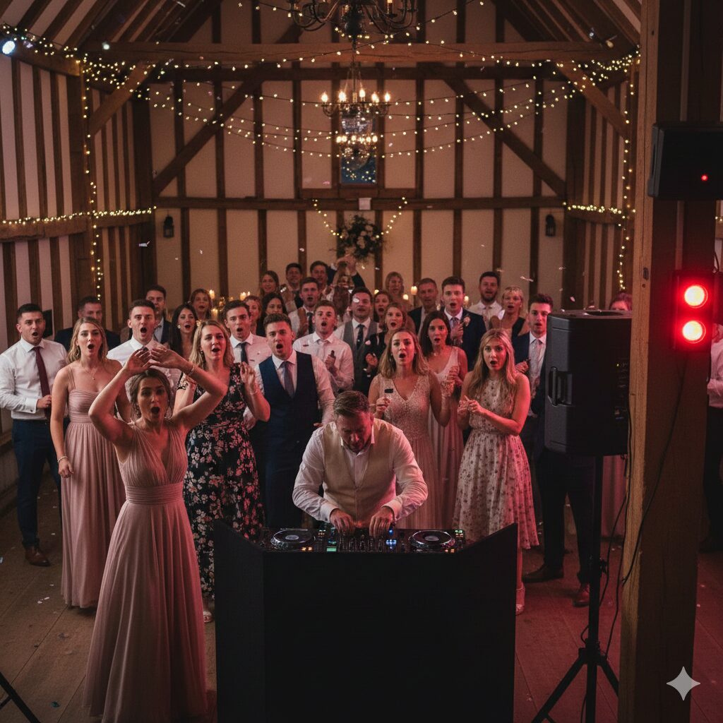 Wedding guests in a Norfolk barn looking surprised as a red limiter light stops the music