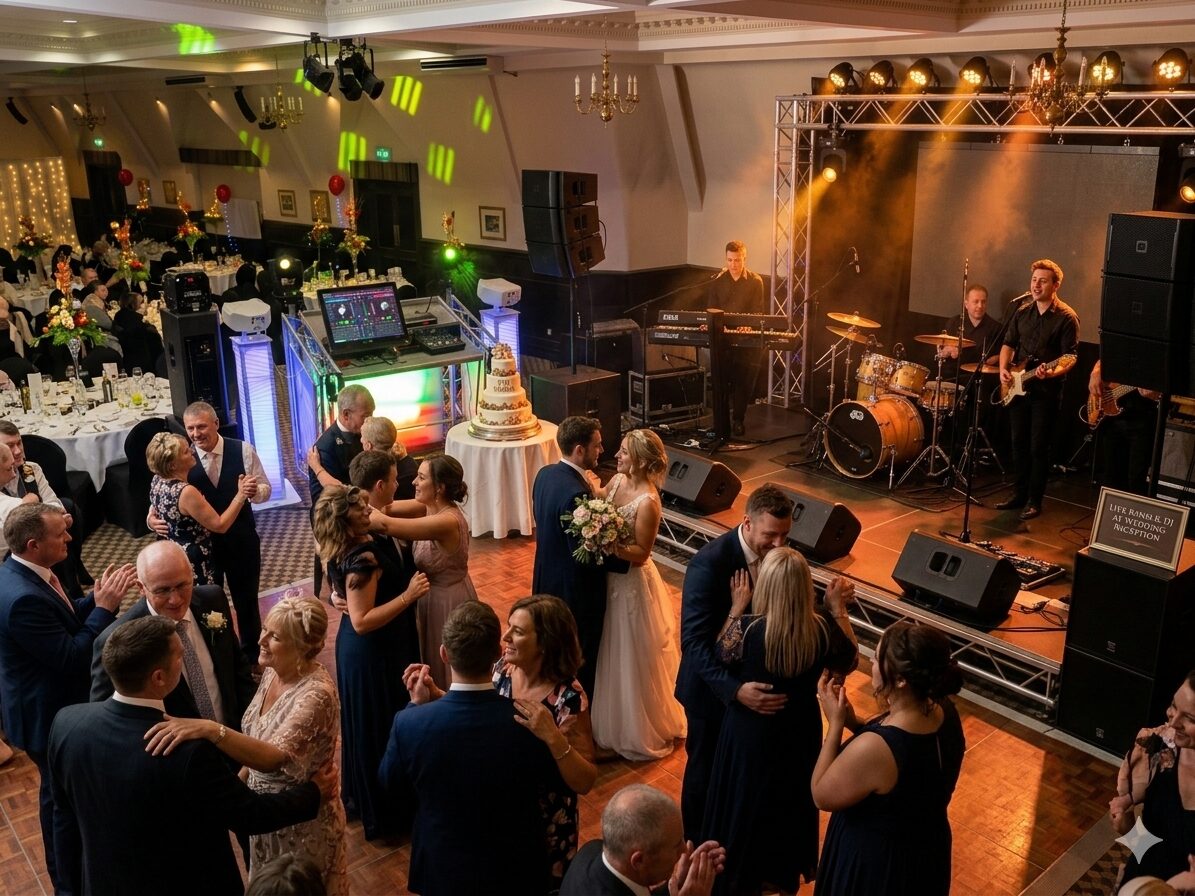 Live wedding band performing to guests at an evening reception